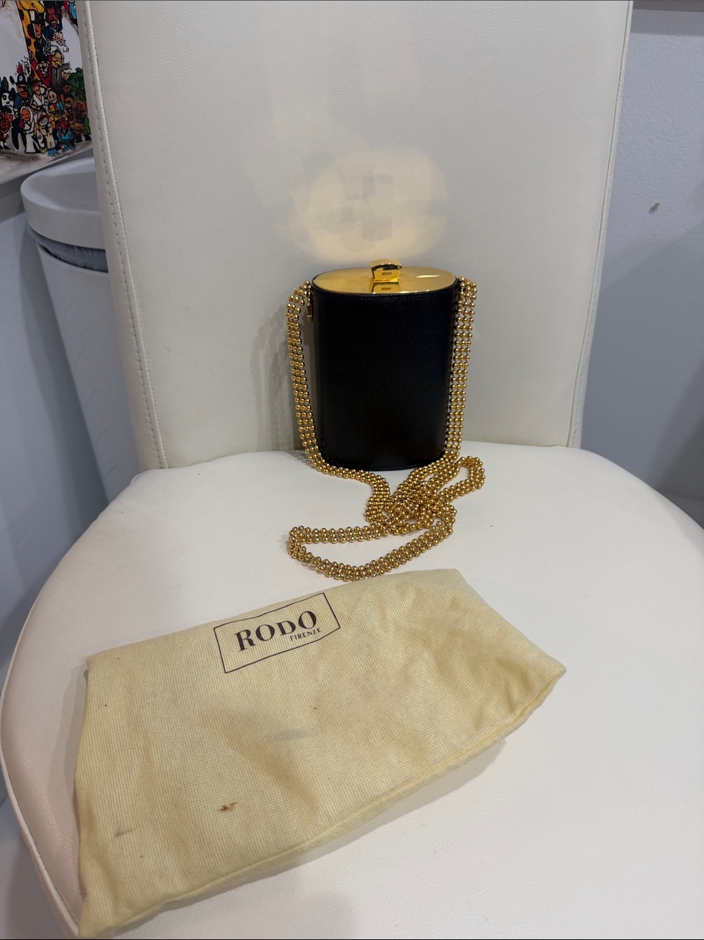 Vintage Rodo Firenze Black Leather Clutch/Crossbody Bag With Gold Chain Strap